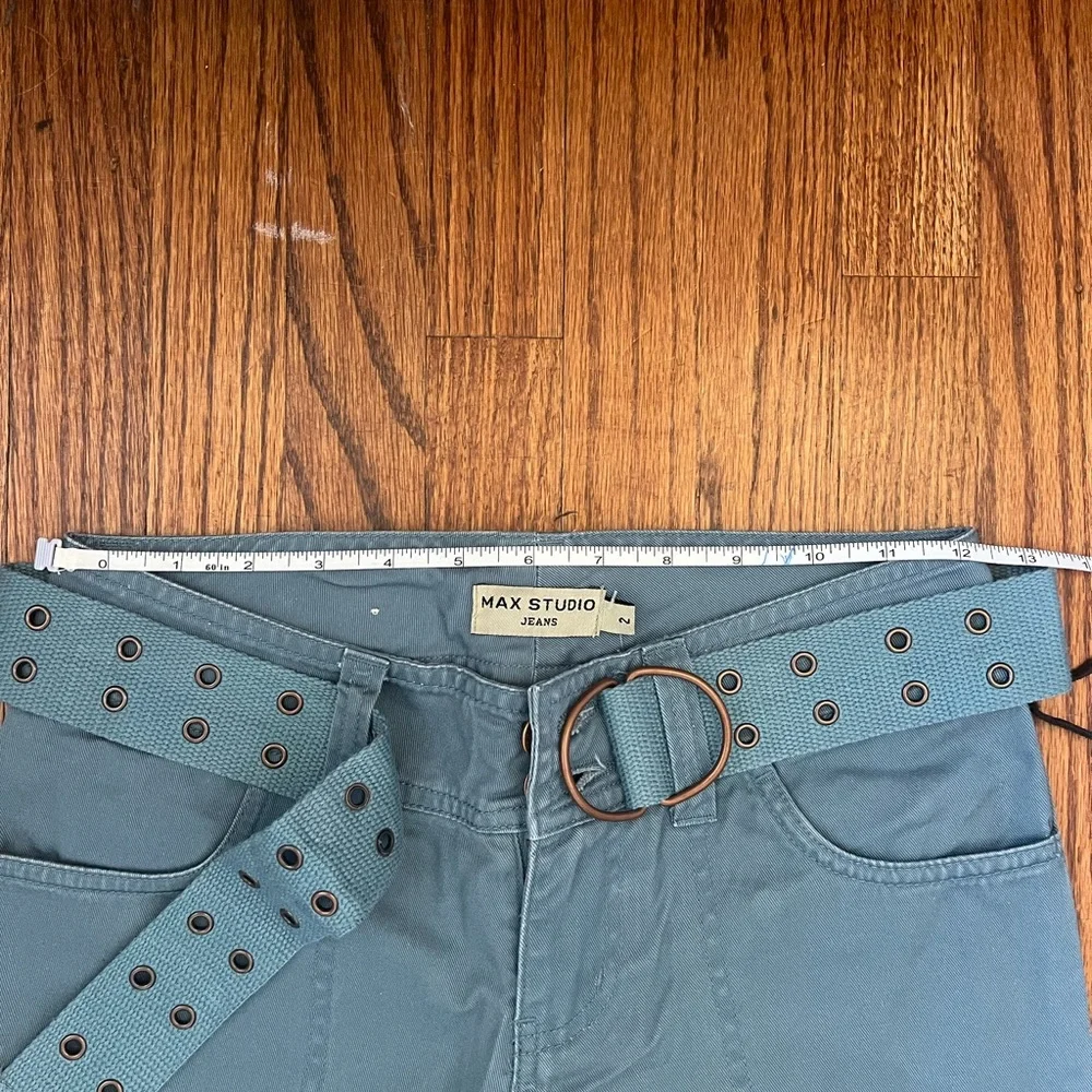 Max Studio Low Rise Blue Flared Cargo Pants with Belt - Picture 2 of 4